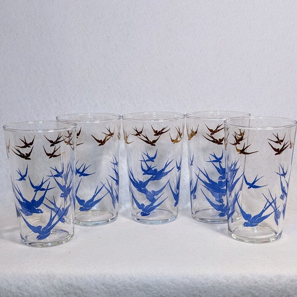 1960’s Mid Mod Atomic Bluebird Highball Glass Tumbler Gold Barware Set Of 5